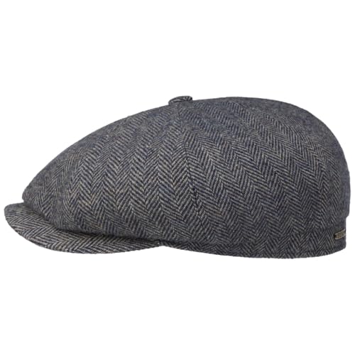 Stetson Hatteras Classic Wool Schirmmütze - Schiebermütze Herren - Flatcap mit Baumwollfutter - Herrencap mit Fischgrätmuster - Ballonmütze Herbst/Winter - Wintercap blau-grau 60 cm von Stetson