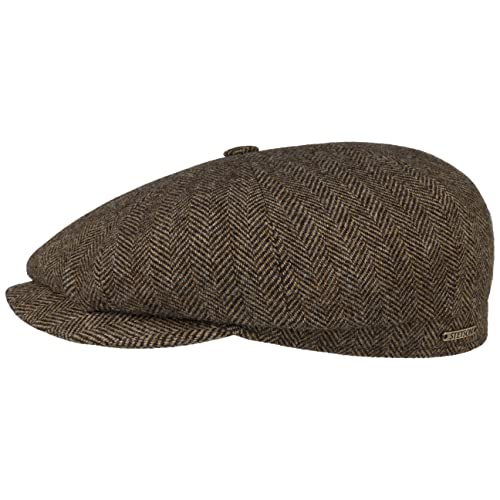 Stetson Hatteras Classic Wool Schirmmütze - Schiebermütze Herren - Flatcap mit Baumwollfutter - Herrencap mit Fischgrätmuster - Ballonmütze Herbst/Winter - Wintercap braun-schwarz 56 cm von Stetson