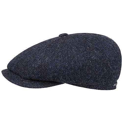 Stetson Hatteras Classic Wool Schirmmütze - Schiebermütze Herren - Flatcap mit Baumwollfutter - Herrencap mit Fischgrätmuster - Ballonmütze Herbst/Winter - Wintercap schwarz-blau 59 cm von Stetson