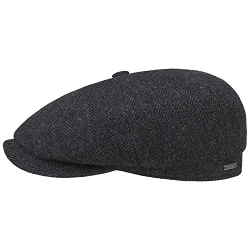 Stetson Hatteras Classic Wool Schiebermütze Herren Flatcap mit Baumwollfutter Fischgrätmuster Ballonmütze Herbst Winter schwarz-grau 54 cm von Stetson