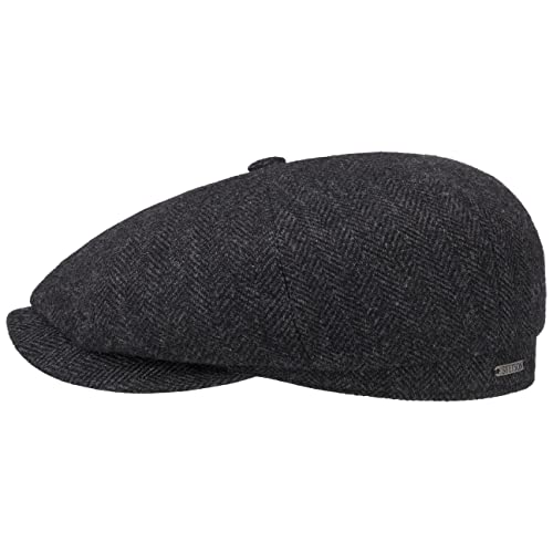 Stetson Hatteras Classic Wool Schiebermütze Herren Flatcap mit Baumwollfutter Fischgrätmuster Ballonmütze Herbst Winter schwarz-grau 55 cm von Stetson