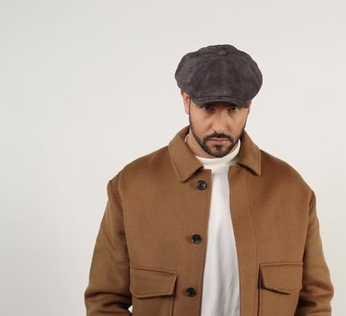 Stetson Hatteras Goat Suede Leder Flatcap Herren - Schiebermütze Handmade in Germany - Herrenkappe aus Echtleder (Ziege) - Flat Cap mit Satinfutter - Schirmmütze Sommer/Winter anthrazit 59 cm von Stetson