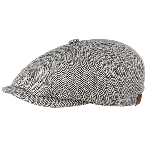 Stetson Hatteras Seide Schirmmütze Damen/Herren - Ballonmütze aus Seide - Flatcap mit Sonnenschutz UV 40+ - Schiebermütze mit Fischgratmuster - Schirmmütze Sommer/Winter schwarz-weiß 57 cm von Stetson