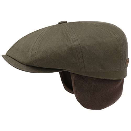 Stetson Hatteras Wax Flatcap mit Ohrenklappen - Einfarbige Mütze - Vintage-Stil für Herren - Wasserabweisend - Frühjahr bis Winter Oliv L (58-59 cm) von Stetson