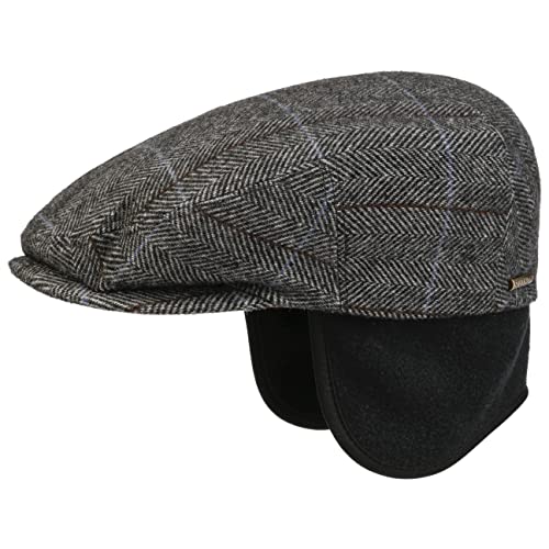 Stetson Kent Ohrenklappen Flatcap Herren - Schiebermütze mit Klappen für Ohren - Flatcap mit Fischgrätmuster - Ohrenmütze Herbst/Winter - Schirmmütze grau-schwarz L (58-59 cm) von Stetson