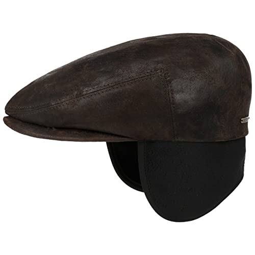 Stetson Kent Pigskin Flatcap mit Ohrenklappen Schirmmütze Schiebermütze Ledercap Ohrenschutz Herren - Made in The EU Schirm, Ohrenklappen, Futter Herbst-Winter - L (58-59 cm) Dunkelbraun von Stetson