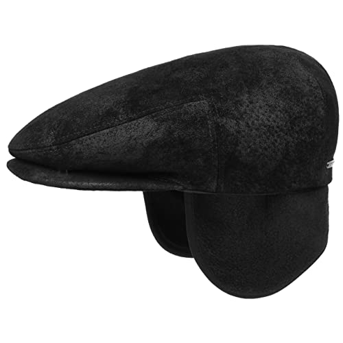 Stetson Kent Pigskin Flatcap mit Ohrenklappen Schirmmütze Schiebermütze Ledercap Ohrenschutz Herren - Made in The EU Schirm, Ohrenklappen, Futter Herbst-Winter - M (56-57 cm) schwarz von Stetson