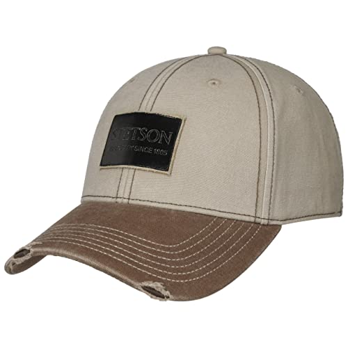 Stetson Leather Patch Distressed Peak Cap Basecap Baseballcap Curved Brim Herren - Frühling-Sommer Herbst-Winter - One Size Dunkelbeige von Stetson