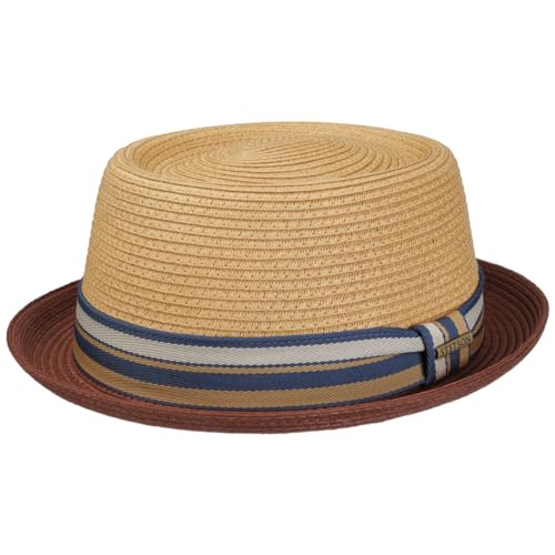 Stetson Licano Toyo Pork Pie Strohhut Herren Aus 100% Papierstroh UV-Schutz 40 Leichter Sommerhut Mit Hutband Integriertem Sonnenschutz Frühling Sommer Natur-rot M (56-57 cm) von Stetson