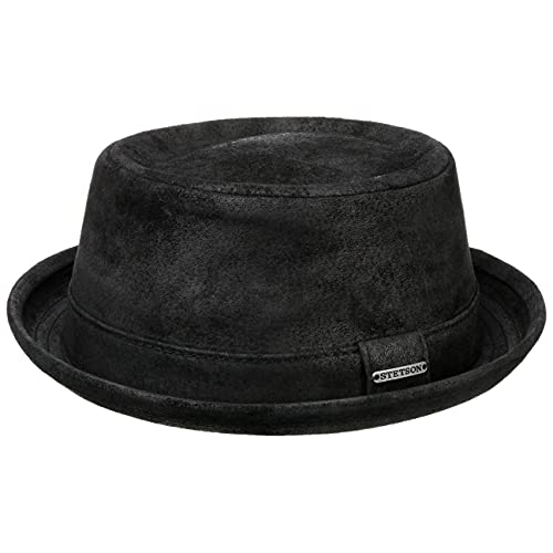 Stetson Pennsylvania Pigskin Leder Porkpie Hut schwarz Herren - Lederhut aus Schweinsleder - Gefütterter Pork Pie - robuster Herrenhut Größen XL 60-61 cm - Fedora im Used-Look Sommer/Winter von Stetson