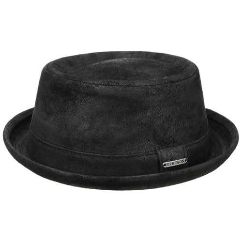Stetson Pennsylvania Pigskin Leder Porkpie Hut Herren - Lederhut aus Schweinsleder - Gefütterter Pork Pie (Baumwolle) - Fedora im Used-Look Sommer/Winter - Robuster Herrenhut schwarz XXL (62-63 cm) von Stetson