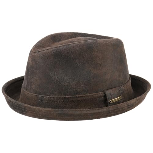 Stetson Radcliff Player Lederhut Damen Herren Pork Pie Leder Fedora Hut mit Baumwollfutter Einfarbiger Ledertrilby Sommer Winter braun L (58-59 cm) von Stetson