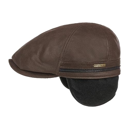 Stetson Redding Earflap Flatcap Herren - Schirmmütze aus Leder (Rind) - Ledercap mit Fleecefutter - Herrencap Ohrenschützer - Ohrenwärmer Herbst/Winter - Gatsby Kappe Dunkelbraun XXL (62-63 cm) von Stetson