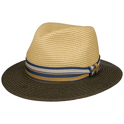 Stetson Romaro Toyo Traveller Strohhut Herren - Sommerhut aus Viskose - UV-Schutz 40+ - Breite Krempe - Mit gestreifter Ripsbandgarnitur - Sonnenhut - Männerhut - Frühjahr/Sommer Oliv S (54-55 cm) von Stetson
