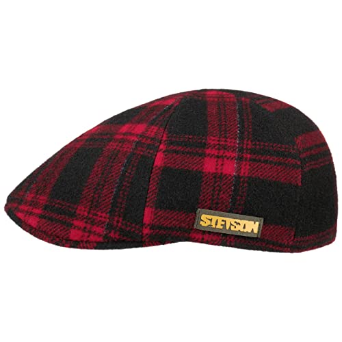 Stetson Texas Check Virgin Wool Flatcap Schirmmütze Schiebermütze Wollcap Karocap Damen/Herren - Made in The EU mit Schirm, Futter, Futter Herbst-Winter - S (54-55 cm) schwarz-rot von Stetson