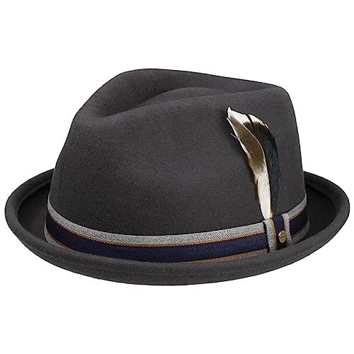 Stetson Valcourt Player Wollhut - Hut mit Federn - Pork-Pie-Design - Herbst/Winter - Wasserabweisend - Asahi Guard Protection - Herren dunkelgrau XXL (62-63 cm) von Stetson