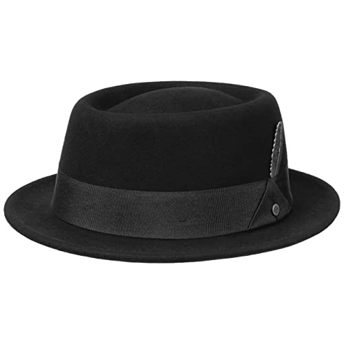Stetson Vancosta Pork Pie Wollhut Damen Herren Aus 100% Wollfilz Wasserabweisend Knautschbar Ripsband Feder Metall Herbst Winter schwarz M (56-57 cm) von Stetson