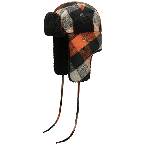 Stetson Wool Check Lapeer Fliegermütze - Mehrfarbige Mütze - Gefüttert - Kariertes Design - Winterliche Pilotenmütze - Damen/Herren - Herbst/Winter schwarz-orange M (56-57 cm) von Stetson