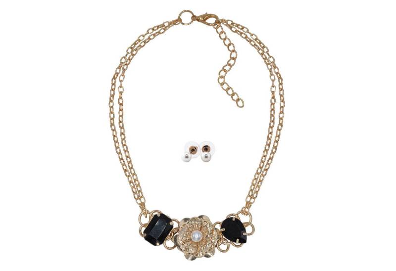 Steuer Collierkettchen Metall glänzend vergoldet gelb Glasstein Schwarz Perle von Steuer