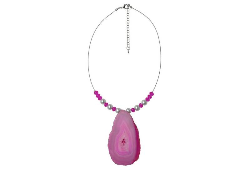 Steuer Kette mit Anhänger Drahtcollier silberfarben Perlen weiß und Achatscheibe pink von Steuer