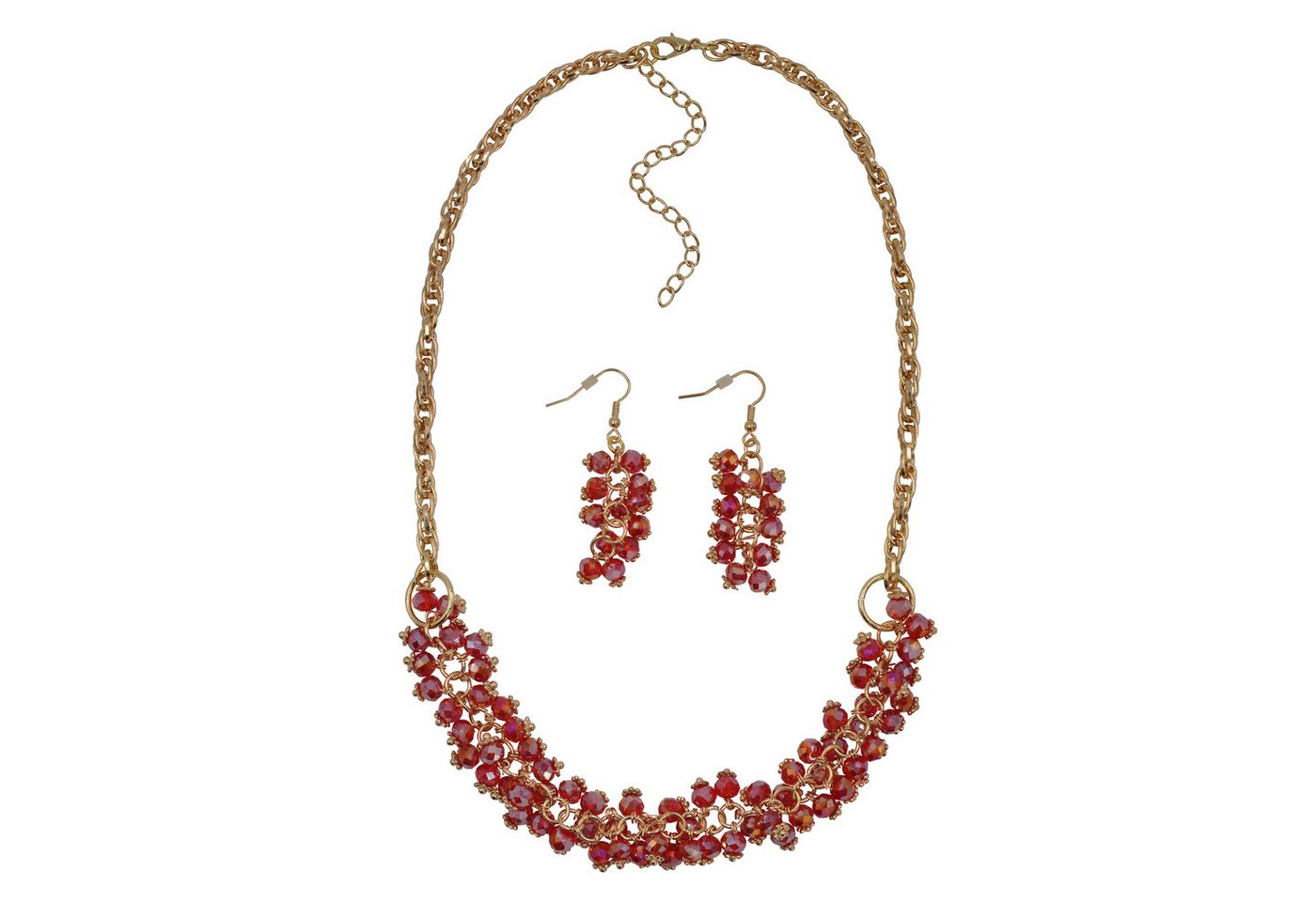 Steuer Paar Ohrhänger Set aus Collier und Ohrhaken in goldfarben rote Glassteine von Steuer
