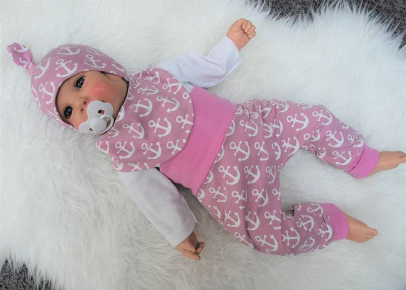 3Tlg Baby Erstlings Set "Big Anchor Altrosa Pumphose Lätzchen Mütze Mitwachshose Neugeborene Maritim Anker Mädchen Geschenk Geburt Taufe von Steuerbord