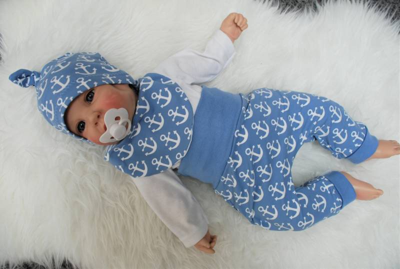 3Tlg Baby Erstlings Set Big Anchor Hellblau Pumphose Lätzchen Mütze Maritim Mitwachshose Junge Anker Geschenk Geburt Taufe Geschenkset von Steuerbord