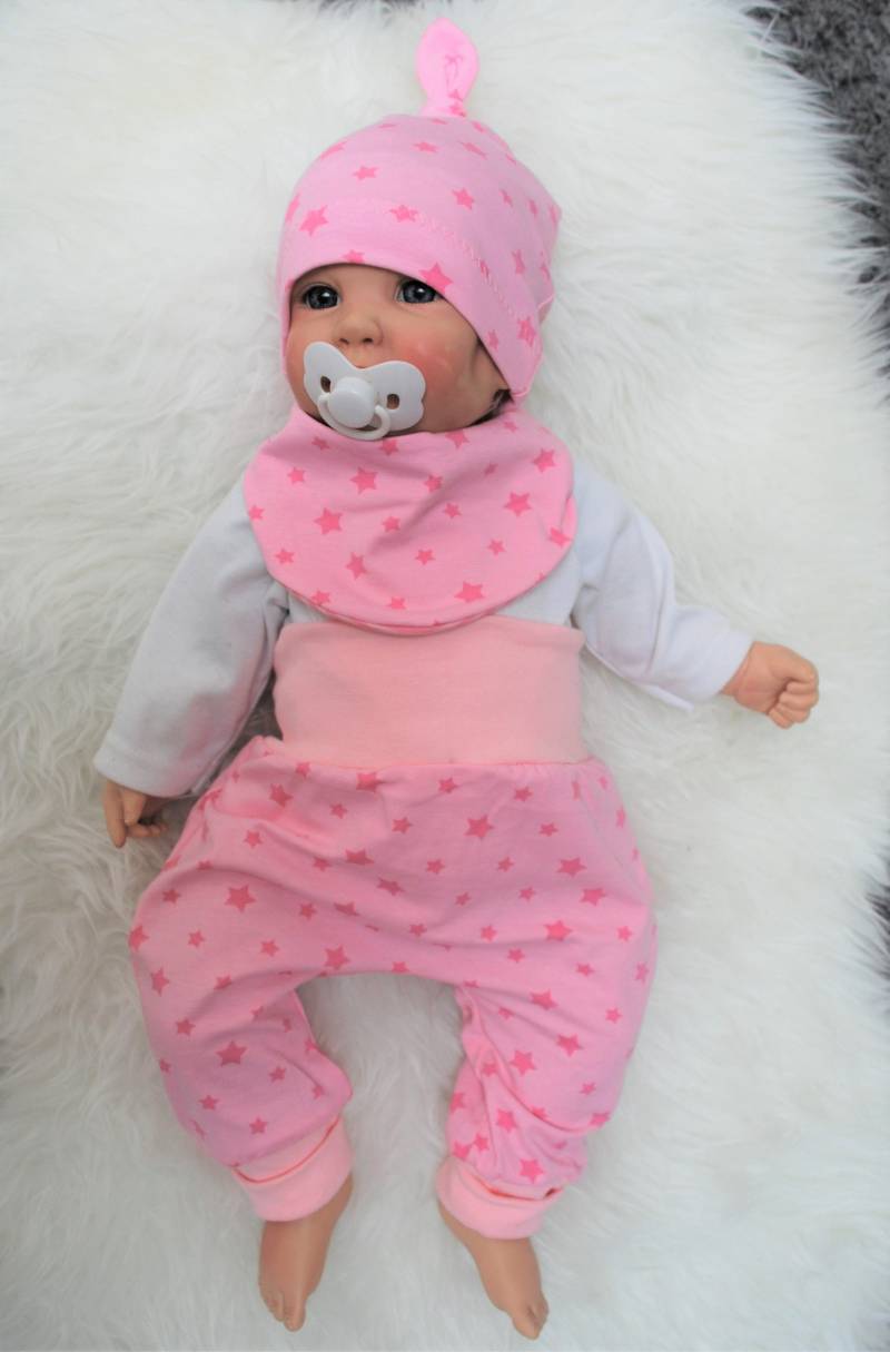 3Tlg Baby Erstlings Set Sterne Rosa Pumphose Lätzchen Mütze Hose Mitwachshose Neugeborene Maritim Geschenk Geburt Taufe Mädchen von Steuerbord