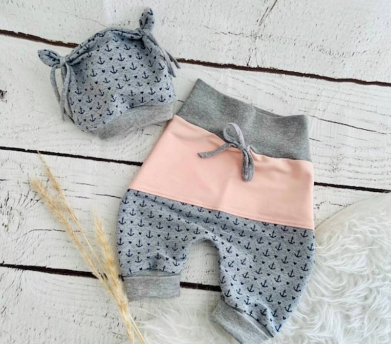Baby Erstlings Set 62/68 Anker Rosé Grau Blau Pumphose Mütze Mitwachshose Neugeborenen Geschenk Geburt Taufe Geschenkset Mädchen Maritim von Steuerbord