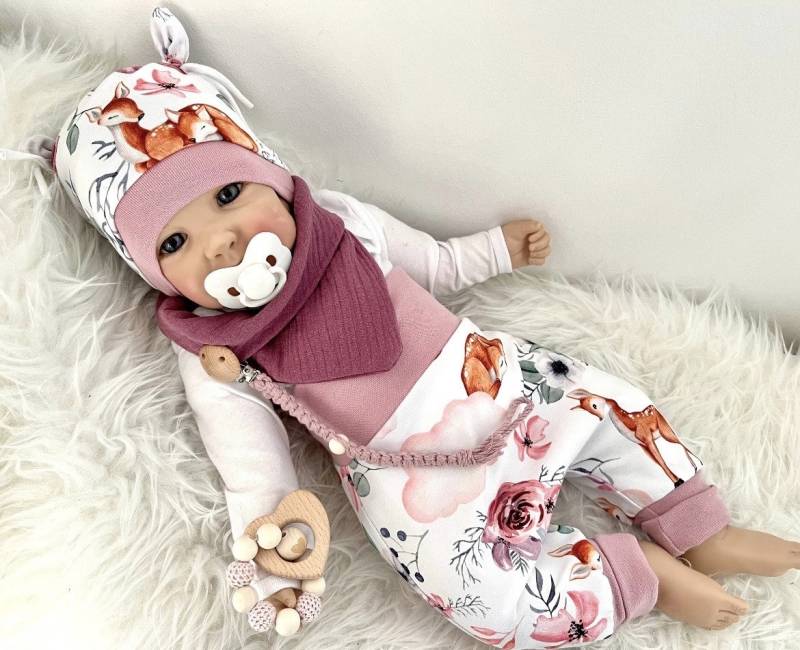 Pumphose Mütze Gr.50-98 Tuch Reh Geschenkset Baby Erstlingsset Rehkitz Rehe Rosen Hose Mitwachshose Neugeborene Mädchen Geschenk Geburt Set von Steuerbord