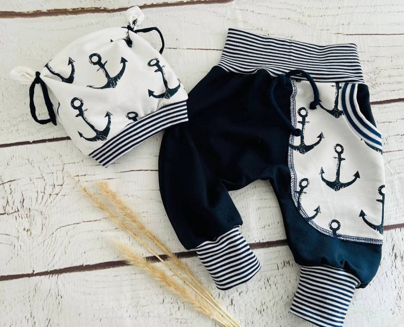 Baby Sweat Pumphose Anker Marine Ringel Neugeborenen Maritim Geburt Taufe Mädchen Junge Unisex Geschenk Mitwachshose von Steuerbord