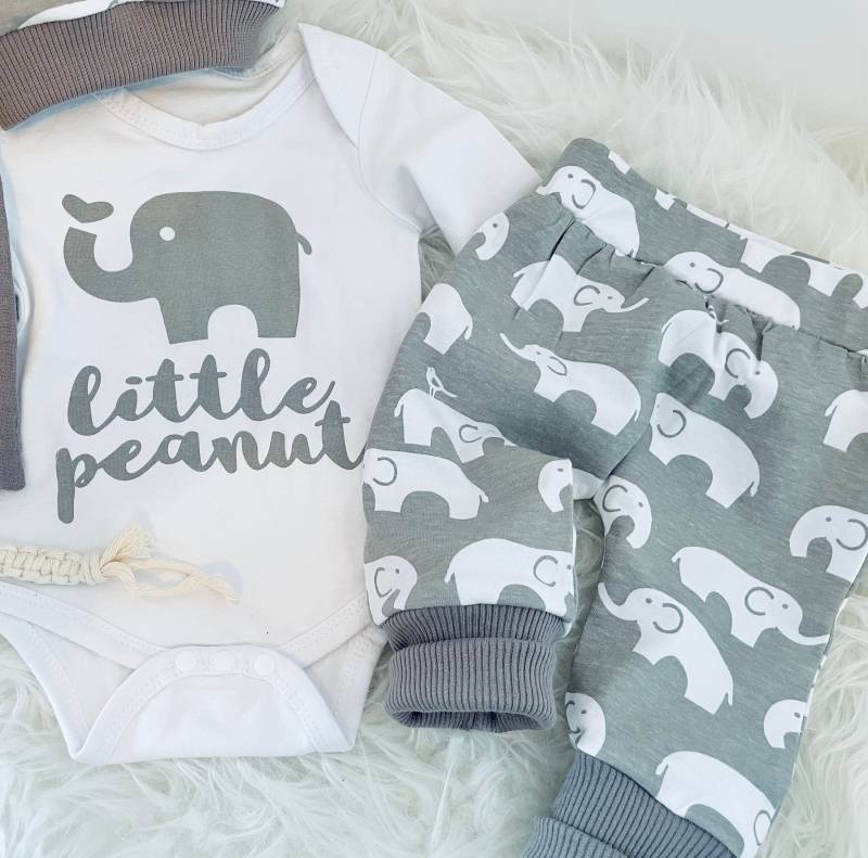 Geschenkset Elefant Baby Pumphose Leggings Body Musselin Tuch Geschenk Geburt Taufe Newborn Neugeborene Unisex Junge Grau von Steuerbord