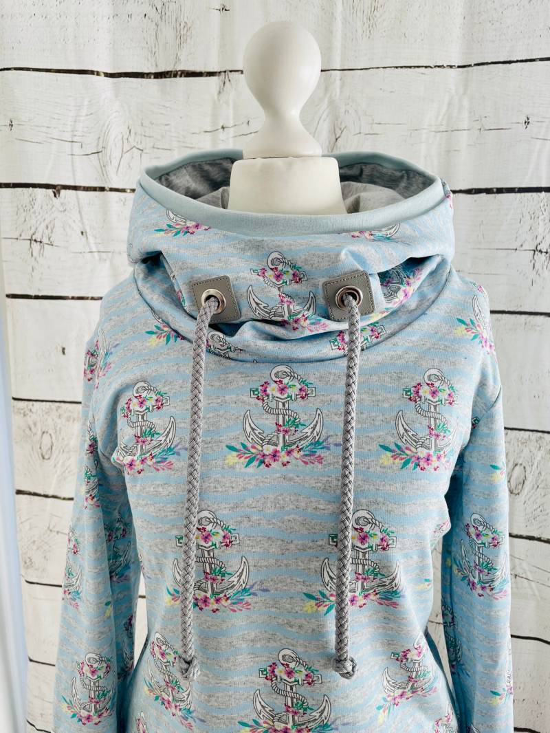 Hoodie „ Boho Anker" Loopkapuze Hellgrau Maritim Sweatshirt Pullover Kapuze Loop Damen Blumen Sommer Sweat Übergang von Steuerbord