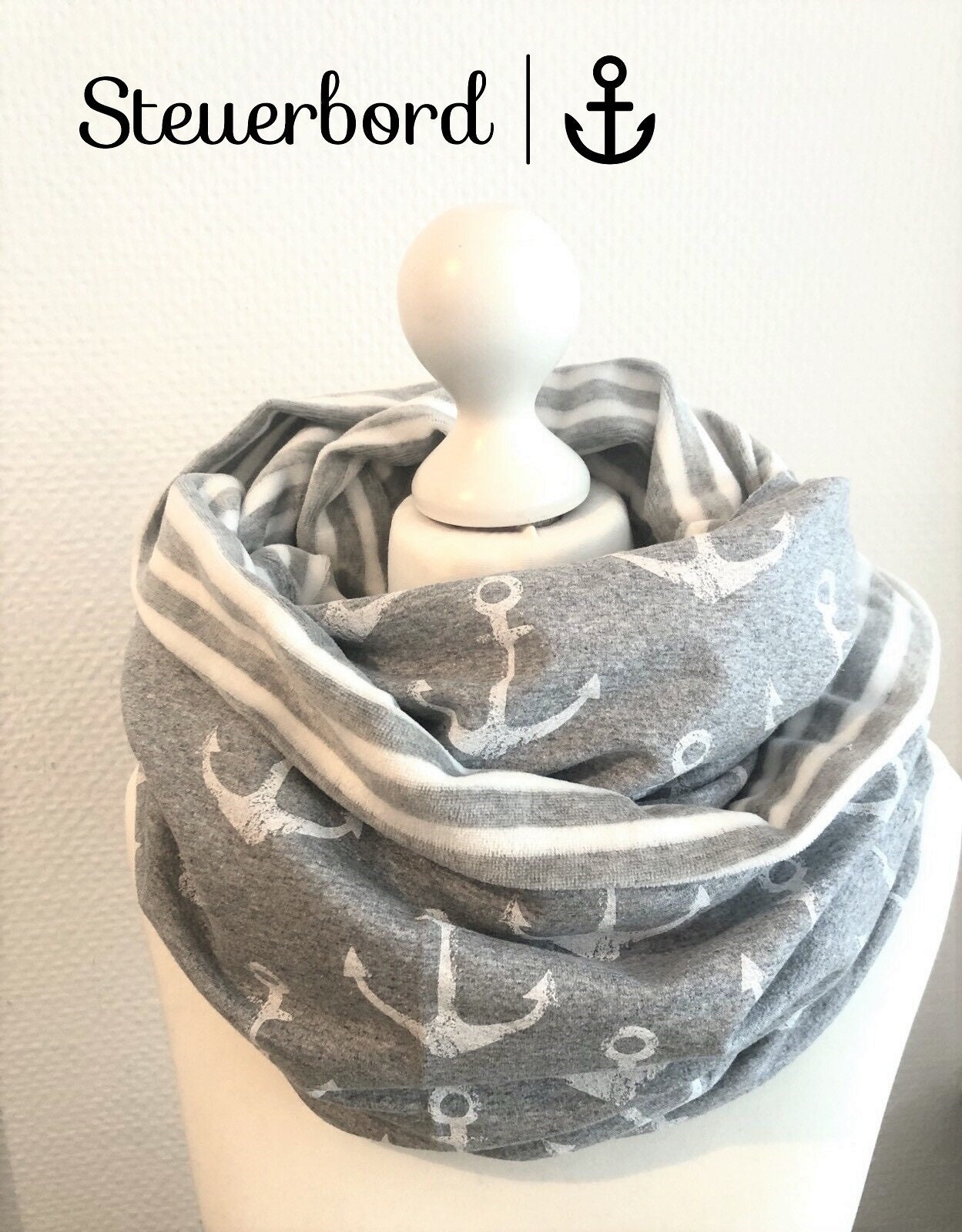Kuschel Loopschal Anker Liebe Grau /Nicki Weiss Ringel Wickelschal Sweat/Nicki Damen Herbst/Winter Loop Schal Maritim Stirnband Beanie von Steuerbord