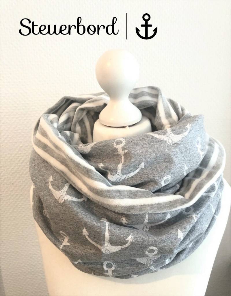 Kuschel Loopschal Anker Liebe Grau /Nicki Weiss Ringel Wickelschal Sweat/Nicki Damen Herbst/Winter Loop Schal Maritim Stirnband Beanie von Steuerbord