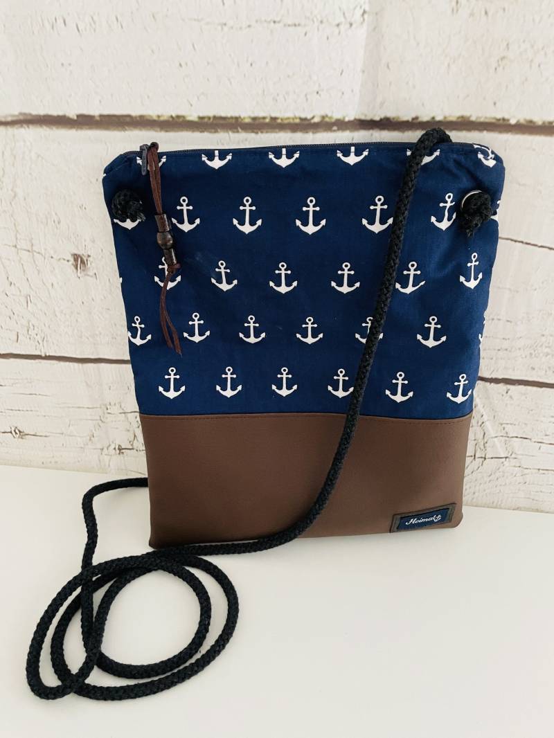 Maritim Anker Handtasche Crossbag Umhängetasche Marine Blau City Urlaub Reise Tasche Anchor Kunstleder Braun Kordel von Steuerbord