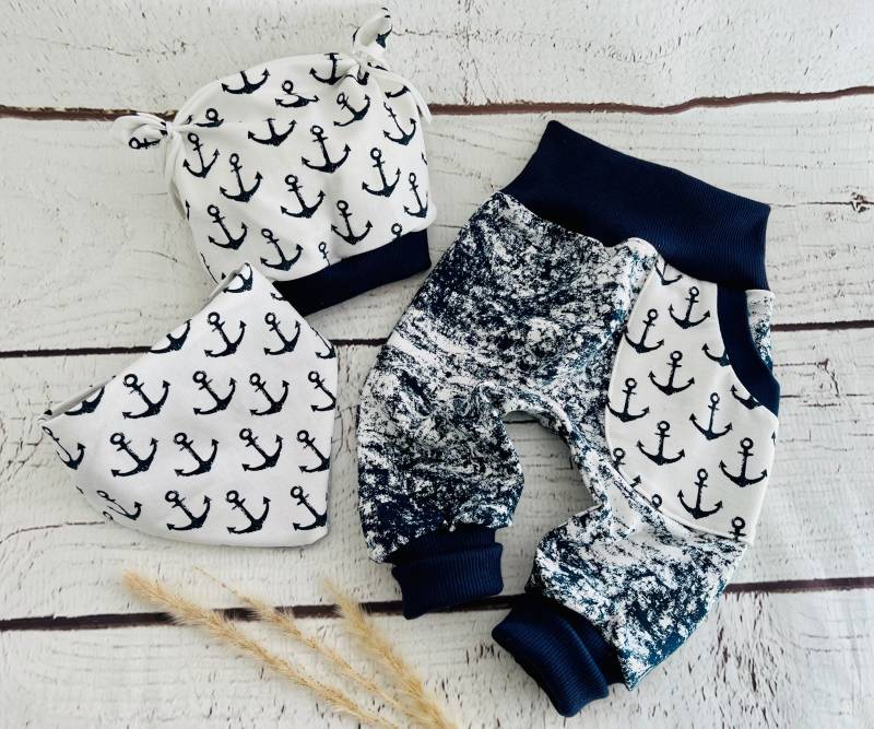Maritim Baby Pumphose Gr. 62-98 Erstlings Set Anker Marine Mütze Halstuch Hose Mitwachshose Neugeborenen Geschenk Geburt Taufe von Steuerbord