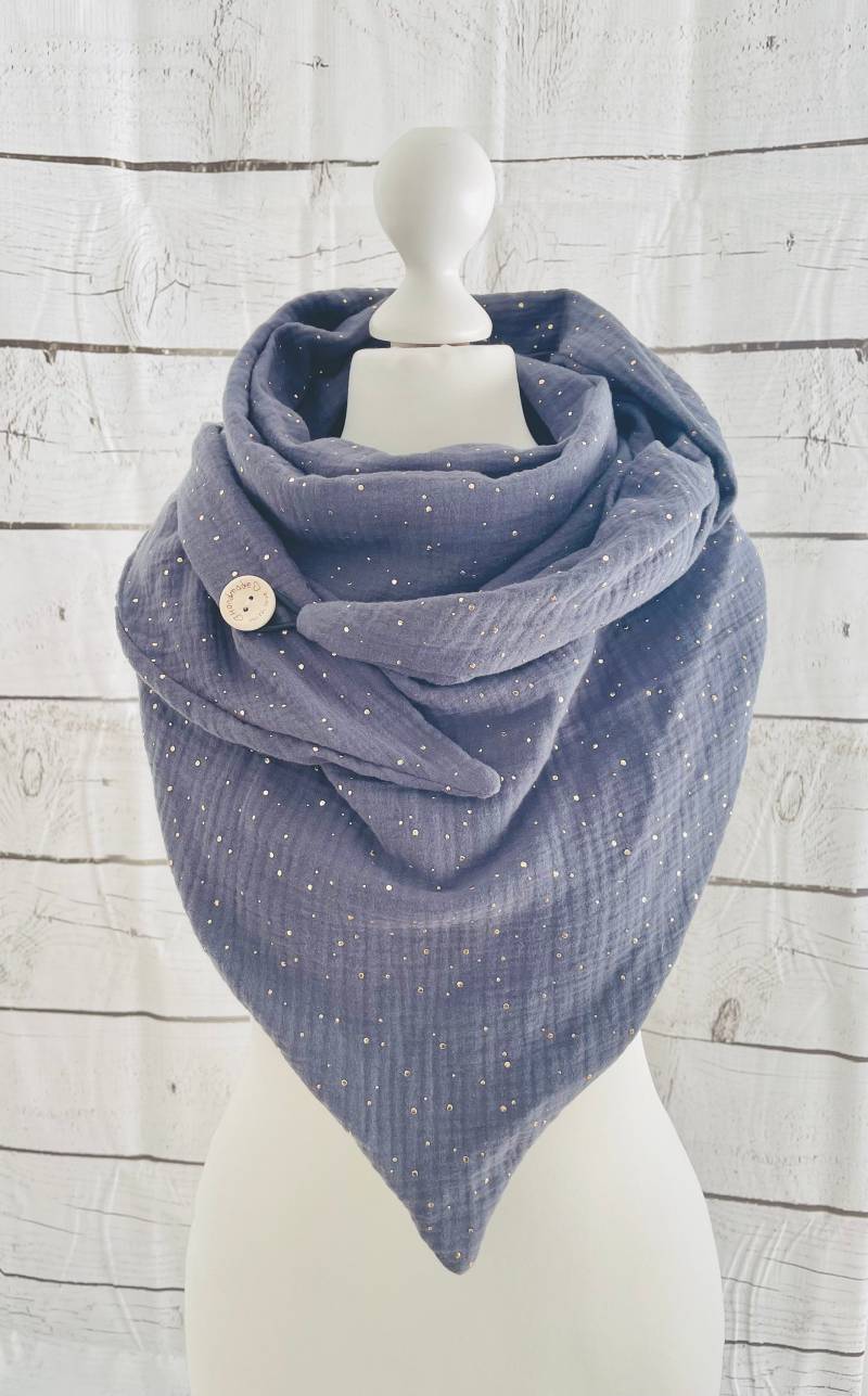 Musselin Dreieckstuch Knopfschal „Grau Beere Hellgrau" Gold Punkte " Tuch Dreiecksschal Mit Knopf Frühjahr Übergang Herbst von Steuerbord