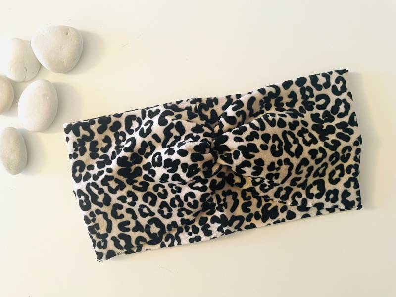 Organic Kuschel Weich Nicki Velours „Leo" Stirnband/Haarband Herbst/Winter Farben Leopard Creme Beige Schwarz Turban Mit Raffung von Steuerbord