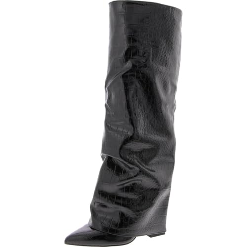 Steve Madden Damen Overknee-Stiefel mit überzogenem Absatz, Schwarz / Kroko-Design, 36-37 EU von Steve Madden