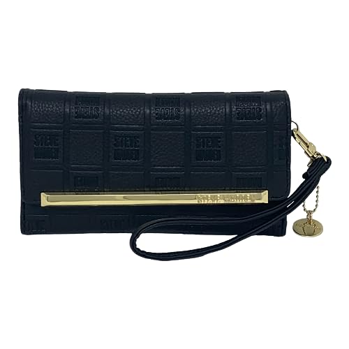 Steve Madden Damen Trifold Geldbörse, Schwarzer Logo-Stempel mit Gold, Einheitsgröße, Logobar Trifold Wallet Wristlet von Steve Madden