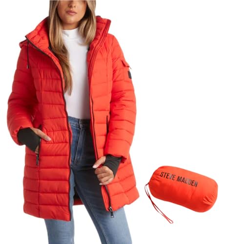 Steve Madden Damen Wintermantel Packbar Lange Länge Gesteppt Puffer Parka Mantel Hooded Outerwear Jacke für Frauen S-XL, Rot/Ausflug, einfarbig (Getaway Solids), Large von Steve Madden