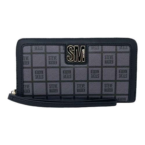 Steve Madden Geldbörse mit großem Reißverschluss, Schwarz-grauer Logo-Stempel, Einheitsgröße, Steve Madden Damen Wristlet Geldbörse von Steve Madden