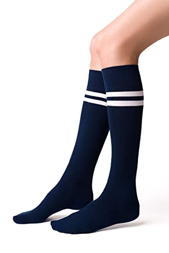 STEVEN Kniestrümpfe Damen I Extra Fein Gekämmter Baumwolle Kniehohe Socken I Lange Universelle Socken I Größe EU38, EU39, EU40 I Marineblau mit Weiß Streifen von STEVEN