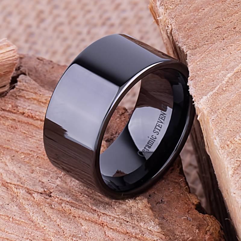 Schwarzer Keramik Herren Ehering 12 Mm Flacher Comfort Fit Ring von StevenGDesigns