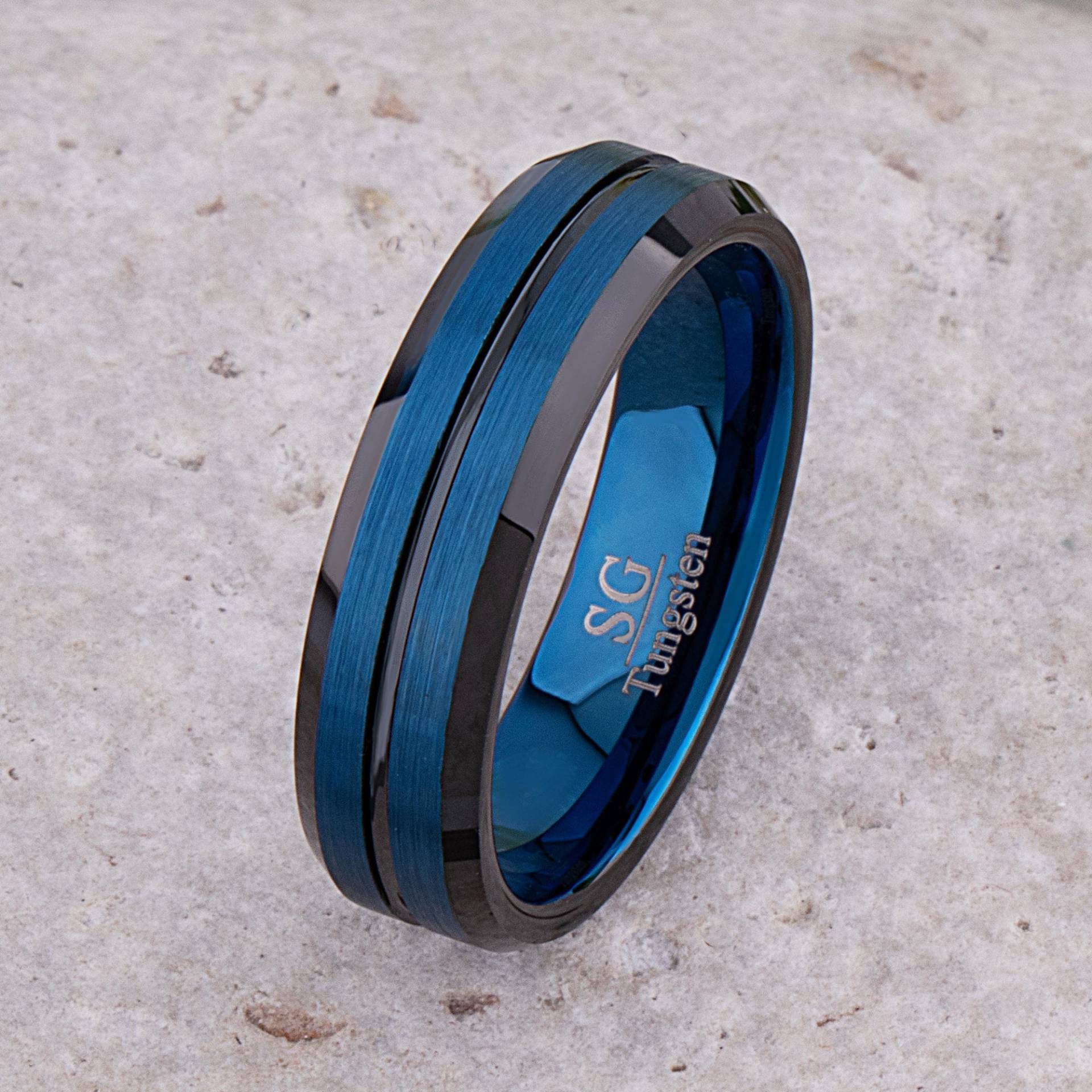 Wolfram Ehering 6mm Blau Mit Schwarzen Farben, Verlobungsring Für Herren Oder Damen, Zweifarbiger Versprechensring Freund, Wolframring von StevenGDesigns