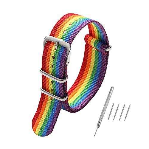 Buntes Regenbogen-Nylonarmband 18mm 20mm 22mm Uhrenarmband Edelstahlschnalle + Installationswerkzeug, Regenbogen, 18mm von Stevenurr