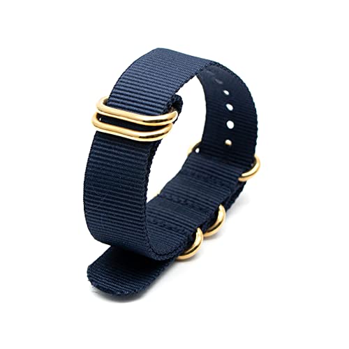 Nato Nylon Uhrenarmband 18mm 20mm 22mm 24mm mit Gold Edelstahl 5 Ringe Schnalle Uhrenzubehör, Blau, 20mm von Stevenurr