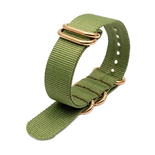 Nato Nylon Uhrenarmband 18mm 20mm 22mm 24mm mit Gold Edelstahl 5 Ringe Schnalle Uhrenzubehör, Grün, 18mm von Stevenurr