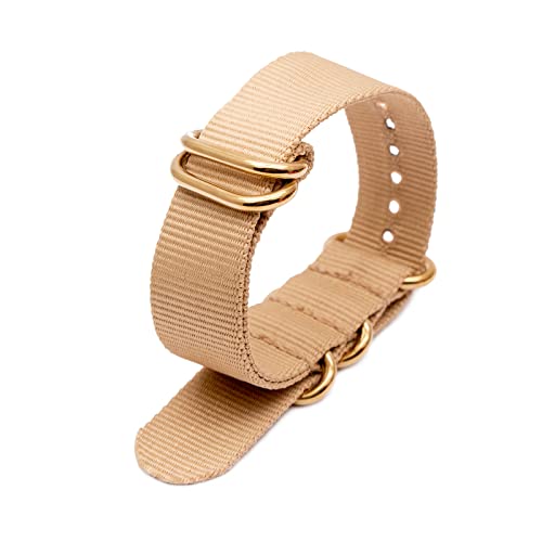 Nato Nylon Uhrenarmband 18mm 20mm 22mm 24mm mit Gold Edelstahl 5 Ringe Schnalle Uhrenzubehör, Khaki, 22mm von Stevenurr